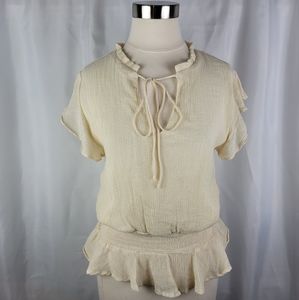 She + Sky Light Yellow Gauzy Smocked Waist Flutter Sleeve Peplum Top Size Medium